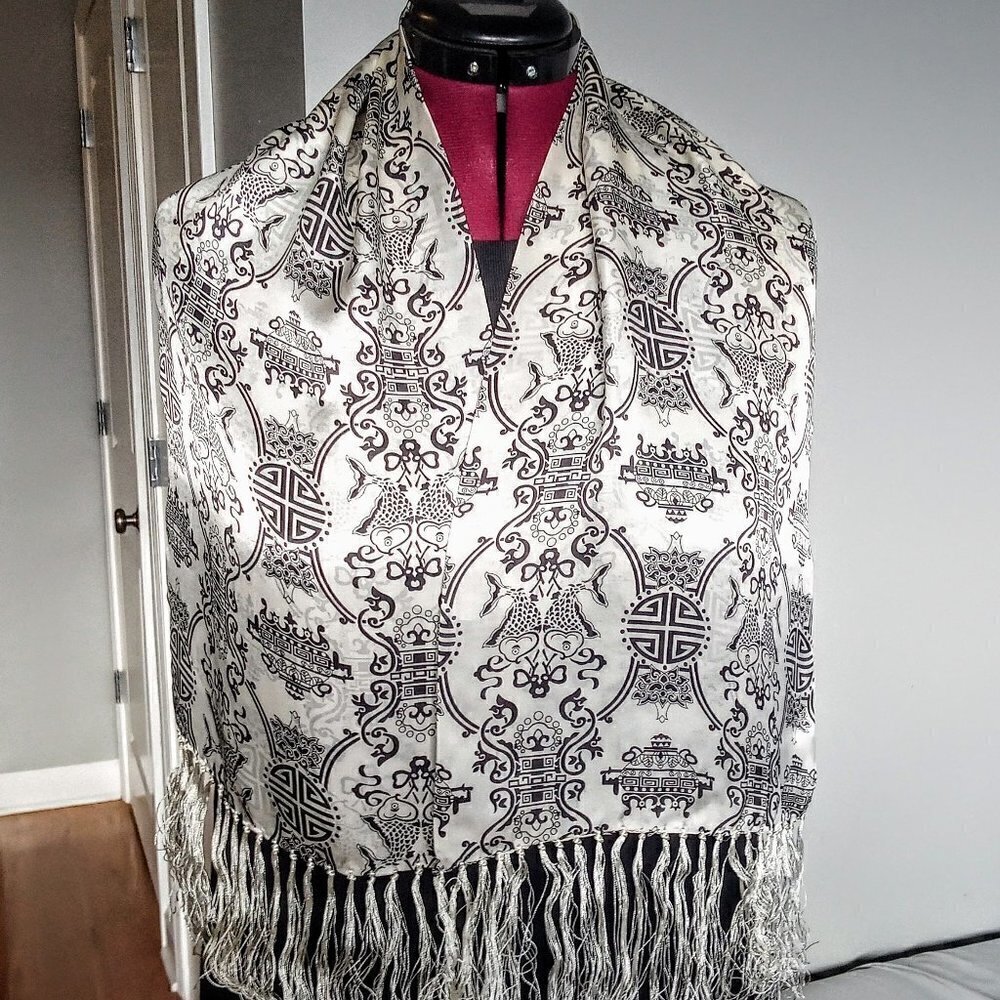 Chinese Black & Ivory Silk Oblong Fringed Scarf